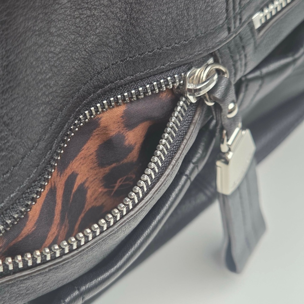 B. Makowsky Black Leather Hobo Shoulder Bag Leopard Print Lining - Picture 10 of 16